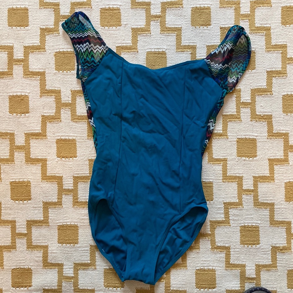 Capezio Teal Leotard with Vibrant Patterned Straps